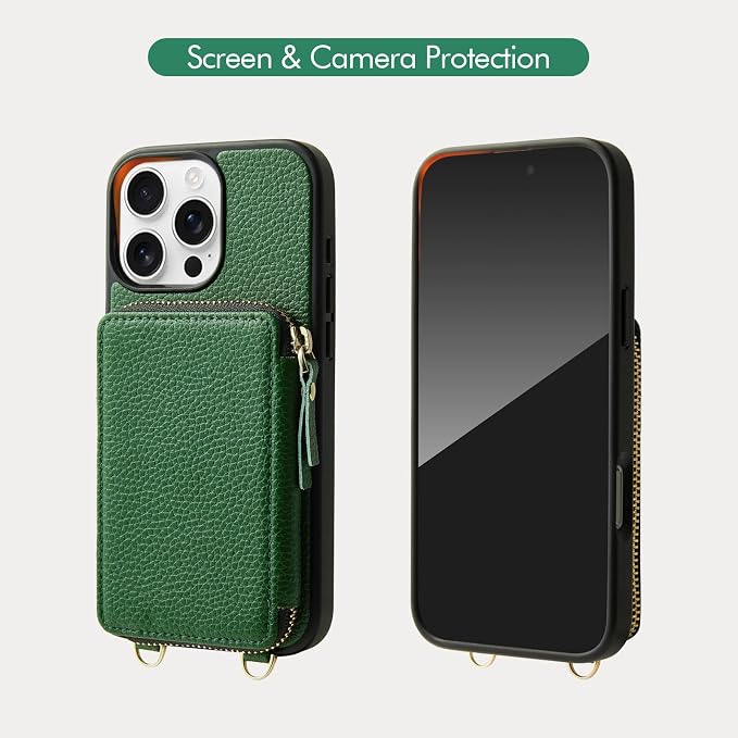 ZVE Wallet Case for iPhone 16 Pro with Card Holder, Phone Purse with Wrist Strap, Crossbody Zipper Leather Phone Cover for iPhone 16 Pro 6.3" Dark Green