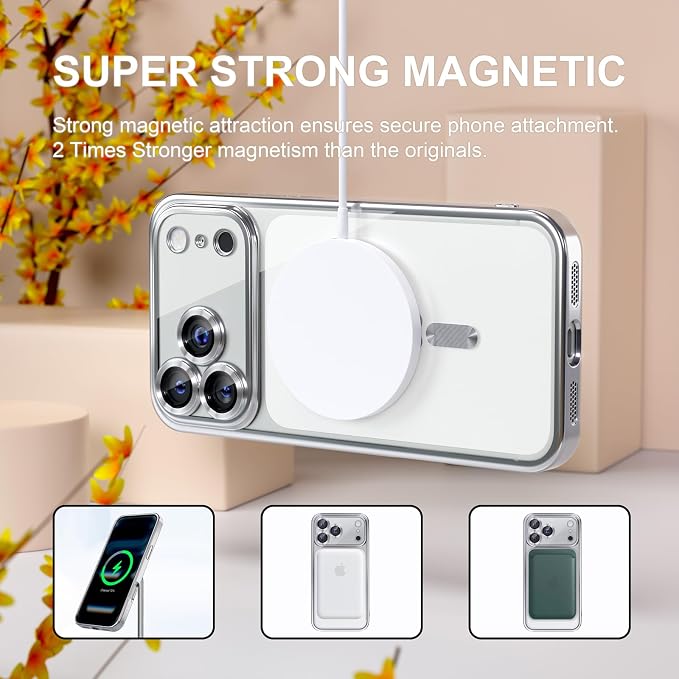 Misea Magnetic for iPhone 17 Pro Case Compatible with MagSafe [Never Yellowing] [Military Grade Drop Protection] Full Camera Lens Protector Plating Soft Clear Phone Case for Women, Silver