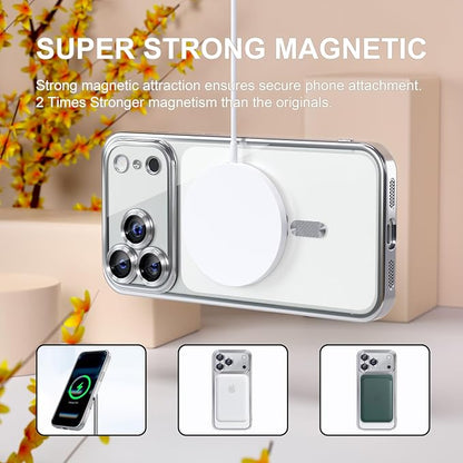 Misea Magnetic for iPhone 17 Pro Case Compatible with MagSafe [Never Yellowing] [Military Grade Drop Protection] Full Camera Lens Protector Plating Soft Clear Phone Case for Women, Silver