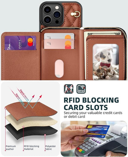 OCASE Compatible with iPhone 16 Pro Max Crossbody Wallet Case with Card Holder, PU Leather Zipper Handbag Phone Purse with RFID Blocking Kickstand Wrist Strap Lanyard 6.9 Inch, Diamond Check Brown