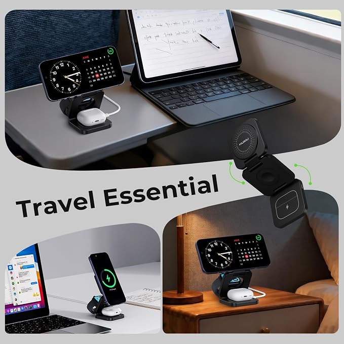 KU XIU X55 Turbo Qi2.2 25W 3-in-1 Charging Station for Apple Device, Foldable Magnetic Charger for iPhone 17/16, 5W for Apple Watch & AirPods, Fast Travel Wireless Charging Stand with 45W Adapter