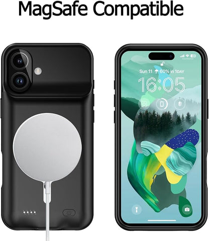 Battery Case for iPhone 16 Plus, [12000mAh] Enhanced Portable Protective Smart Qi Wireless Charger Case Battery Pack with CarPlay Wireless Charging Case Compatible for iPhone 16 Plus (6.7 inch)-Black