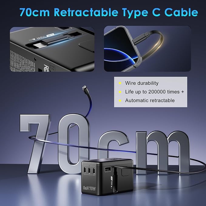 JMFONE 70W GaN Universal Travel Adapter, Retractable USB-C Cable + 4 USB-Port + 2500W AC Outlet, International Power Adapter with US EU UK AUS Plugs for 200+ Countries, Fast Charging Laptops Phones