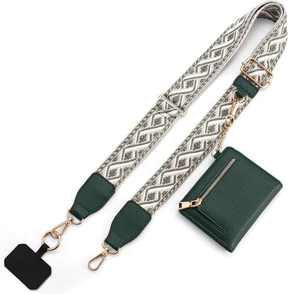 Diaclara Clip and Go Phone Strap with Zipper Pouch- Stylish Crossbody Adjustable Chain Lanyard with Leather Wallet for All Phones, Dark Green