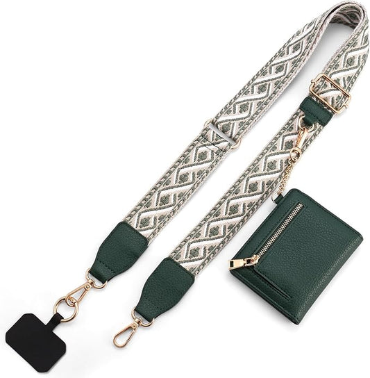 Diaclara Clip and Go Phone Strap with Zipper Pouch- Stylish Crossbody Adjustable Chain Lanyard with Leather Wallet for All Phones, Dark Green