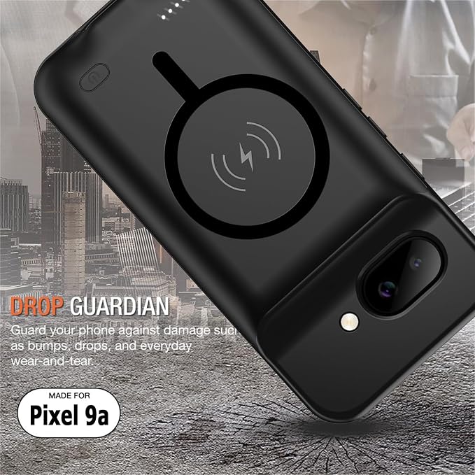 Battery Case for Google Pixel 9A, Upgraded 10000mAh Rechargeable Portable Charging Case with Wireless Charging Compatible for Google Pixel 9A (6.3 inch) Extended Battery Pack Charger Cover (Black)