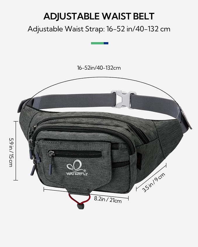 WATERFLY Large Fanny Pack Waist Bag: Multipocket Woman Man Waist Pack Runner Hip Pouch Purse Belt Bag Water Resistant Bum Bag Fit All Phones for Walking Jogging Running Cycling Travelling Hiking