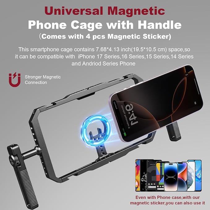 Magnetic Phone Cage with Handle,Smartphone Cage Kit with 360° Rotation Handgrip and Magnetic Sticker for Photography,Compatible with iPhone 17/16/15/14/13 Series and Andriod Phones (Black)