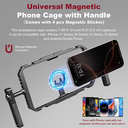 Magnetic Phone Cage with Handle,Smartphone Cage Kit with 360° Rotation Handgrip and Magnetic Sticker for Photography,Compatible with iPhone 17/16/15/14/13 Series and Andriod Phones (Black)