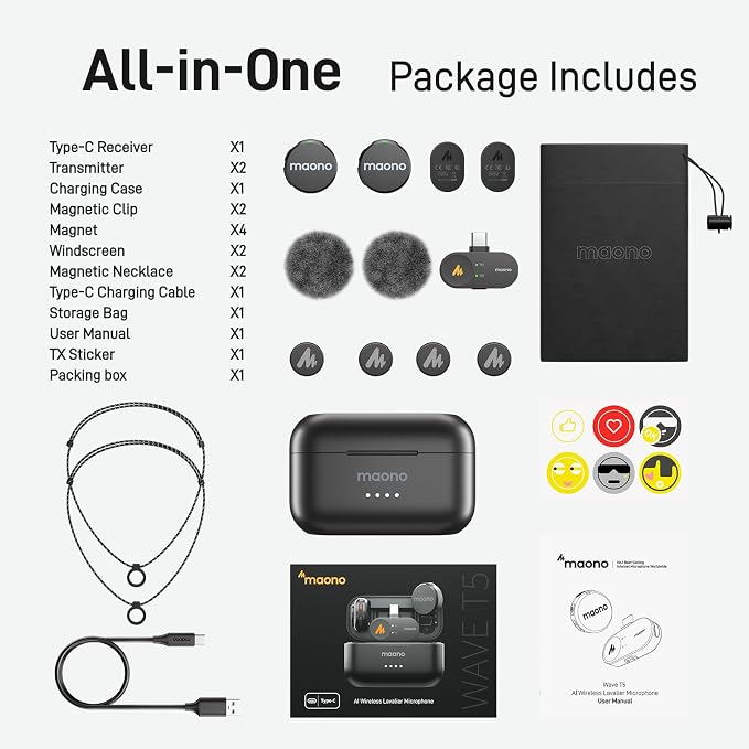 MAONO Wireless Lavalier Microphone for iPhone 17/16/15/Android/Tablet, USB C Mini Mic with 48KHz 24Bit, 300m Range, Voice Filter, Noise Cancellation, 30H Use for Video Recording, Streaming - Wave T5