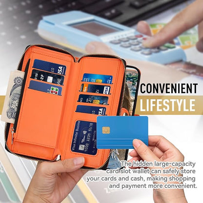 Rssviss Crossbody Case for iPhone 17 Pro Max Case Wallet, RFID Blocking Leather with Card Holder Kickstand, Handbag Zipper Flip Cover with Wrist Strap for iPhone 17 Pro Max Men Women 6.9", Orange