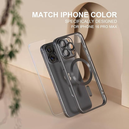 Misea Magnetic for iPhone 16 Pro Max Case Compatible with MagSafe [Never Yellowing] [Military Grade Drop Protection] Full Camera Lens Protector Plating Soft Clear Phone Case for Women, Titanium Black