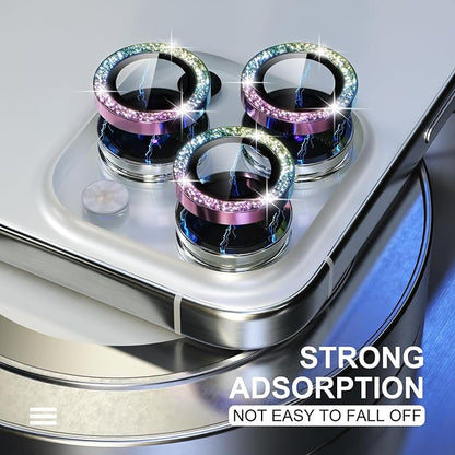 Choiche Compatible for iPhone 15 Pro/iPhone 15 Pro Max Camera Lens Protector Bling, 9H Tempered Glass Camera Cover Screen Protector Metal Ring Decoration Accessories (Glitter-Colorful)