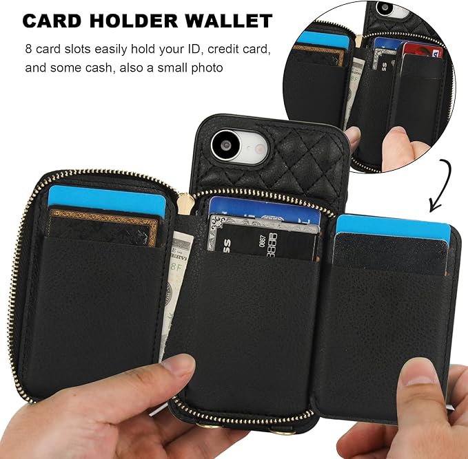Bocasal Crossbody Wallet Case for iPhone 17e/16e, RFID Blocking PU Leather Zipper Handbag Purse Flip Cover, Kickstand Folio Case with Card Slots Holder Wrist Strap Lanyard 6.1 Inch 5G (Black)