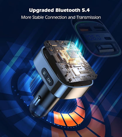 LIHAN Bluetooth 5.4 Car Adapter for Older Cars, 54W PD Fast Charging FM Transmitter, Handsfree Call, Crystal Clear GPS & Music Receiver, Supports USB Drive .wav .flac, Compatible with iPhone & Trucks