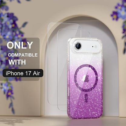 Choiche Magnetic for iPhone 17 Air Case Compatible with MagSafe, Women Cute Glitter Sparkly Phone Case with Diamond Camera Lens Protectors, Military-Grade Drop Protection 6.5" (Clear/Purple)