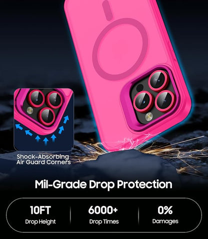 for iPhone 16 Pro Max Case, Compatible with MagSafe, Built-in Camera Ring Stand, with Individual Camera Cover, Translucent Matte Military-Grade Drop Protection Magnetic Case, Hot Pink