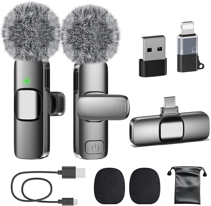 PoP voice USB C Mini Microphone for iPhone 16/15/14/Android, Wireless Lavalier Microphone with Noise Reduction, Lapel Lav Mic for Vlog YouTube TikTok Recording, 12H, 65ft