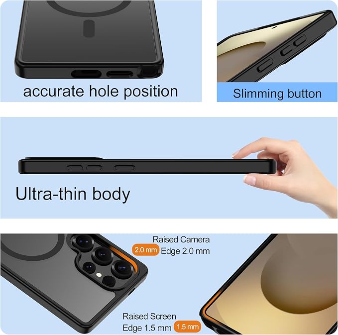 For Samsung Galaxy S25 Ultra Case [Compatible with Magsafe] Translucent Matte Magnetic S25 Ultra Phone Case,SlimThin Duty Shockproof Protection Cover with 2pc HD Screen Protector for S25 Ultra-Black