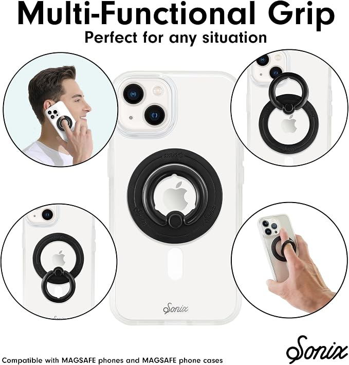 Sonix Magnetic Phone Grip and Phone Ring Holder - Compatible with MagSafe - Rotatable Kickstand and Phone Holder for iPhone 16, 15, 14, 13, 12 Series - Matte Black