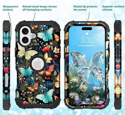Hocase for iPhone 17 Case 6.3", Heavy Duty Shockproof Protection Soft Silicone Rubber+Hard Plastic Bumpers Hybrid Protective Case for iPhone 17 2025 - Joyful Butterfly