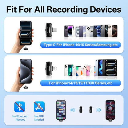2 Sets Mini Wireless Microphone for iPhone ipad Android, Noise Reduction and Mute, 33h Charging Case, AI Voice Changer, Mini Lapel Mic for Video Recording, Vlogging, YouTube