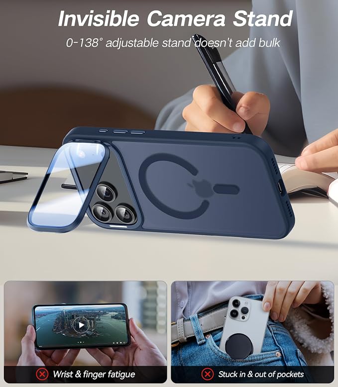 [Upgraded Full Camera Protection] for iPhone 17 Pro Max Case with Camera Cover Stand [Fit for MagSafe][10FT Mil-Grade Protection] Translucent Magnetic iPhone 17 Pro Max Phone Case, Blue