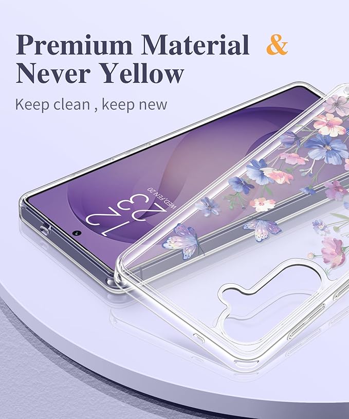 GVIEWIN for Samsung Galaxy S26 Plus Case, Clear Floral Slim Shockproof Protective Women Phone Case, Non-Yellowing, with Screen Protector&Camera Lens Protector for S26 Plus 6.7", Bloomwing/Blue