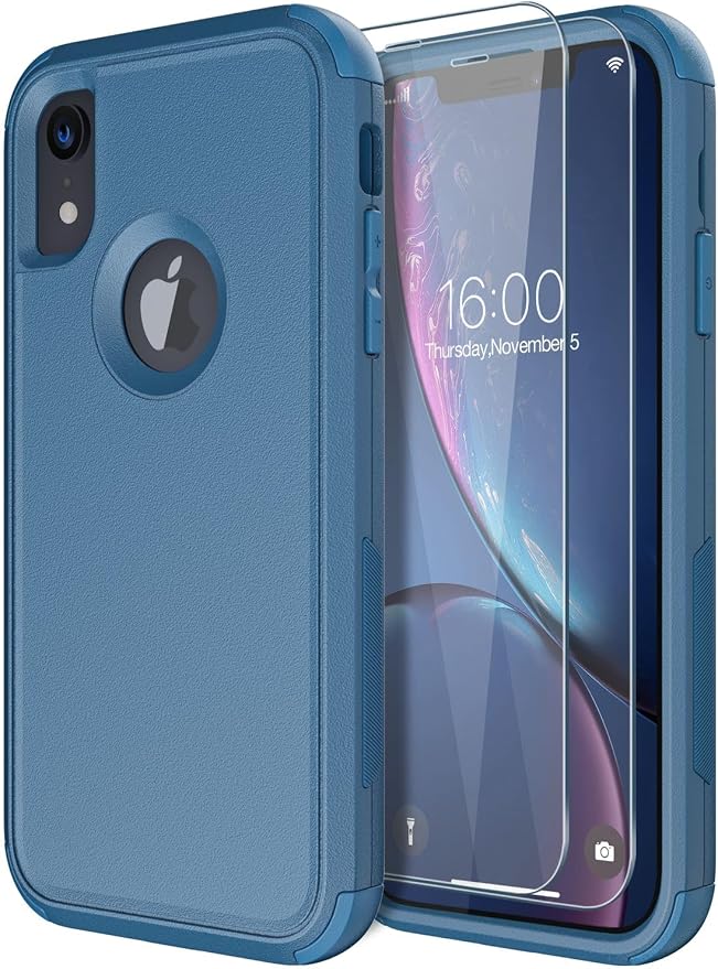Diverbox Designed for iPhone Xr case with Screen Protector Heavy Duty Shockproof Shock-Resistant Cases for Apple iPhone Xr Phone (Blue+Screen Protector)