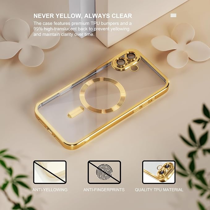 Misea Magnetic for iPhone 16 Case Compatible with MagSafe [Never Yellowing] [Military Grade Drop Protection] Full Camera Lens Protector Plating Soft Clear Phone Case for Women 6.1 inch, Gold