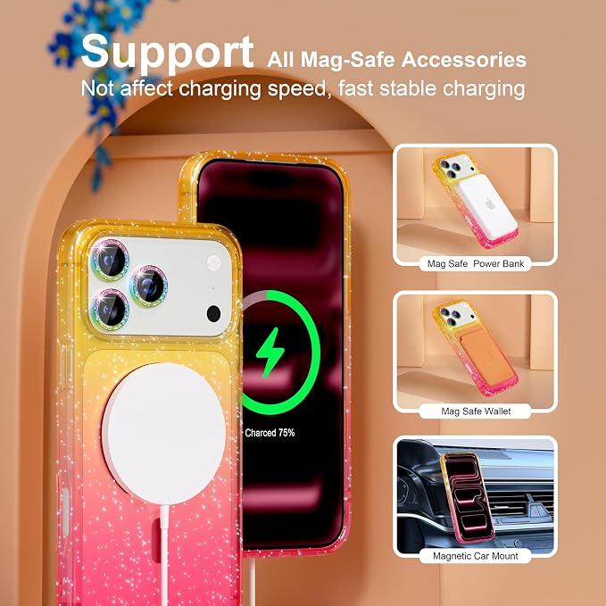 Choiche Magnetic for iPhone 17 Pro Case Compatible with MagSafe, Women Cute Glitter Sparkly Phone Case with Diamond Camera Lens Protectors, Military-Grade Drop Protection 6.3" (Gold/Pink)