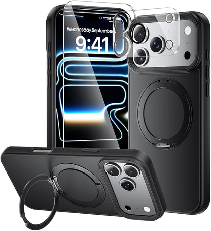 3 in 1 for iPhone 17 Pro Case with Stand Black,Build in Kickstand,Screen Protector *1 & Camera Lens Protector*1,Fits MagSafe, Slim Matte Finish Shockproof Phone Cover