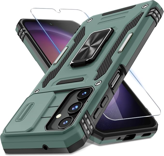 DEERLAMN Case for Samsung Galaxy A16 5G with Slide Camera Cover+Screen Protector (1 Pack), Rotated Ring Kickstand Military Grade Shockproof Protective Cover-Green
