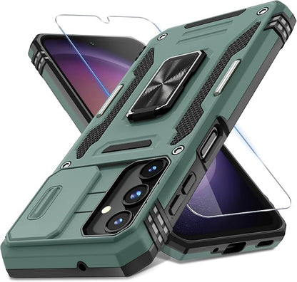 DEERLAMN Case for Samsung Galaxy A16 5G with Slide Camera Cover+Screen Protector (1 Pack), Rotated Ring Kickstand Military Grade Shockproof Protective Cover-Green