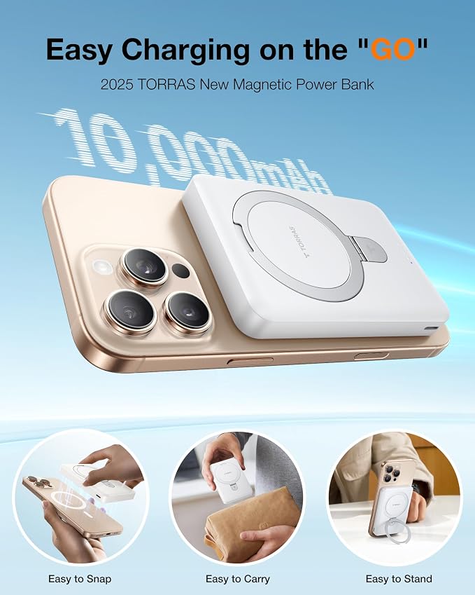 TORRAS EasyGo 10000mAh Magnetic Portable Charger Power Bank for iPhone, Fast Charging Travel Essential Wireless Battery Pack with Stand Compatible with Magsafe, 17 Pro Max,Pro,16,15,14,13,12, Whilte