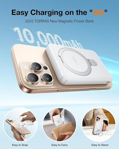 TORRAS EasyGo 10000mAh Magnetic Portable Charger Power Bank for iPhone, Fast Charging Travel Essential Wireless Battery Pack with Stand Compatible with Magsafe, 17 Pro Max,Pro,16,15,14,13,12, Whilte
