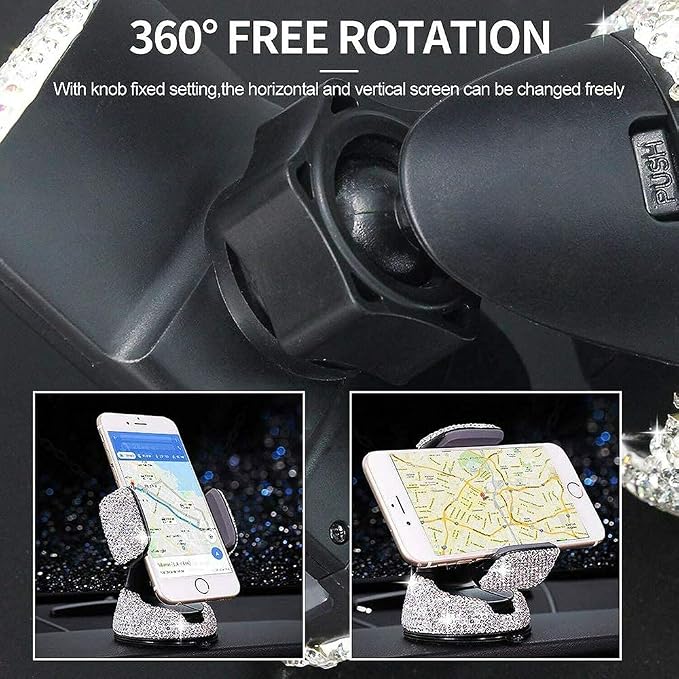 SUNCARACCL Bling Car Phone Holder, 360°Adjustable Universal Rhinestone Crystal Auto Phone Mount Stand Accessories for Windshield Dashboard and Air Outlet (White)