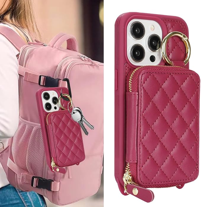 Crossbody Wallet Case for iPhone 14 Pro, PU Leather Zipper Handbag Purse Flip Cover, Kickstand Folio Case with Card Slots Holder Wrist Strap Lanyard 5G 6.1 Inch-Dark red