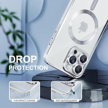 Misea Magnetic for iPhone 16 Pro Max Case Compatible with MagSafe [Never Yellowing] [Military Grade Drop Protection] Full Camera Lens Protector Plating Soft Clear Phone Case for Women 6.9", Silver