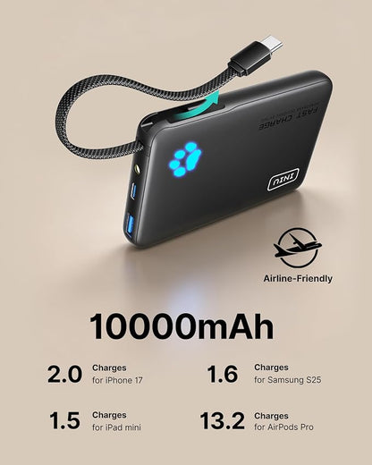 INIU Portable Charger with Flashlight, 45W Fast Charging Tablet Power Bank with USB C Cable, 10000mAh Powerbank, Battery Pack for iPhone 17 16, iPad, Samsung S25 etc Travel Essential, Emergency Light