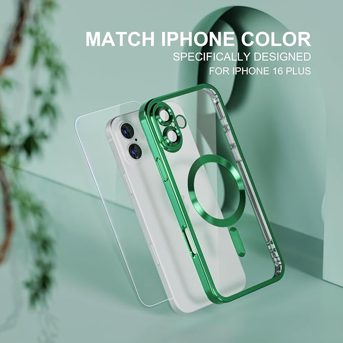 Misea Magnetic for iPhone 16 Plus Case Compatible with MagSafe [Never Yellowing] [Military Grade Drop Protection] Full Camera Lens Protector Plating Soft Clear Phone Case for Women 6.7", Green