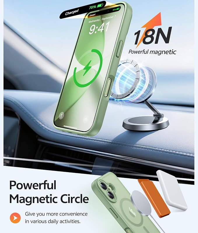 FNTCASE for iPhone 17 Case: [Compatible with Magsafe] Translucent Matte Cases with [Full Camera Protection] [Screen Protector] Military Grade Shockproof Protective Phone Cover - Light Moss