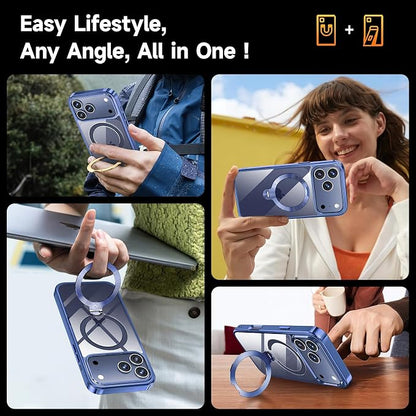 [Tri-Shield Protection] for iPhone 17 Pro Max Case with 360° Spin Stand Compatible with MagSafe [Magnetic CD Ring][Screen & Camera Lens Protector] Shockproof Plating Never-Yellowing, Blue-6.9"