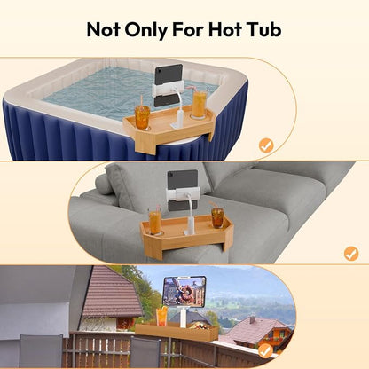 POOLCOMFT Bamboo Hot Tub Tray with Adjustable Phone Holder, Non Slip Hot Tub Table with Card & Scented Candle, Hot Tub Accessories - Unique Gift Idea for Spa Lover, Women, Parents