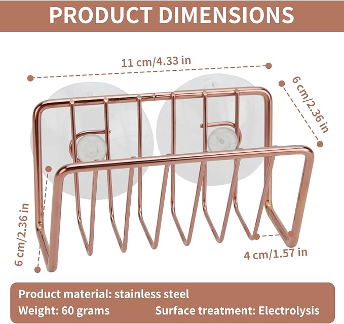 Soap Sponge Holder for Kitchen Sink Shower, No Drilling. Rustproof Stainless Steel, Wall Mounted Soap Holder Soap Tray Bar Holder with Suction Cups for Bathroom & Kitchen. Rose Gold.