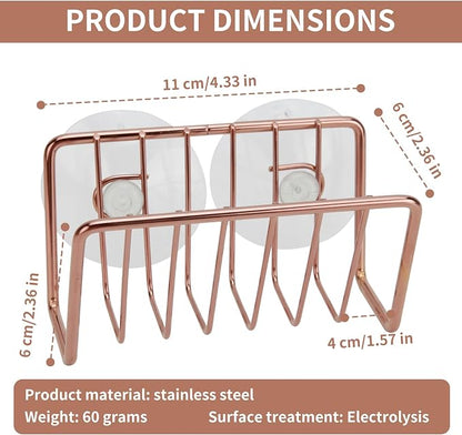 Soap Sponge Holder for Kitchen Sink Shower, No Drilling. Rustproof Stainless Steel, Wall Mounted Soap Holder Soap Tray Bar Holder with Suction Cups for Bathroom & Kitchen. Rose Gold.