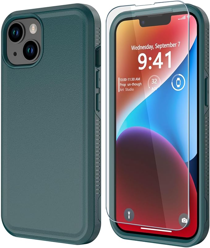 Diverbox for iPhone 14 case [Shockproof] [Dropproof] [Tempered Glass Screen Protector ],Heavy Duty Protection Phone Case Cover for Apple iPhone 14 (Dark Green-2in1)