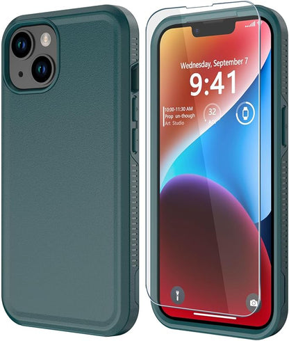 Diverbox for iPhone 14 case [Shockproof] [Dropproof] [Tempered Glass Screen Protector ],Heavy Duty Protection Phone Case Cover for Apple iPhone 14 (Dark Green-2in1)