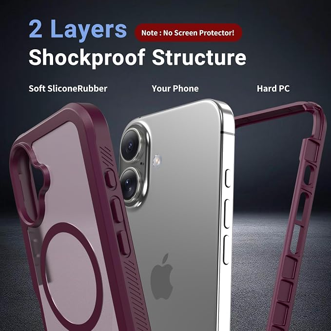 jaroco Magnetic for iPhone 17 Case, [Compatible with MagSafe][Military Grade Drop Protection][Heavy Duty Protection][Non-Slip][Shockproof] 2-Layer Durable Bumper Phone Case 6.3''-Wine Red