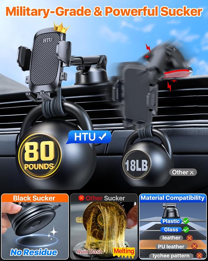 HTU 2026 Ultimate Best【True Military-Grade & Safety Cert】 Universal Cell Phone Holder Truck Car Mount for Dashboard Windshield Air Vent for iPhone 17 16 Pro Max 15 Samsung 2pcs,Black